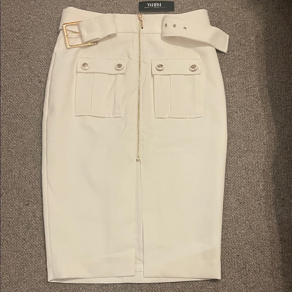 NEW White Ecru White House Black Market Belted Pencil Skirt